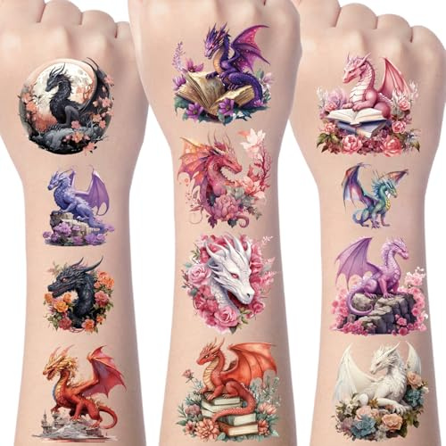 Yomover Drachen Und Blumen Temporäre Tattoo Dekorationen, 200+ Stück Drachen Fake Tattoos Deko Geburtstag, Drachen-Tattoos Goodie Bag Füller