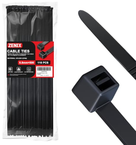 ZENIX Cable Ties, Black, 9 mm × 500 mm, Pack of 110: UV-Resistant, Extra-Long Cable Ties, Black. 80 kg Tensile Strength.Suitable for Indoor and Outdoor use, as Well as in the Home and Office.