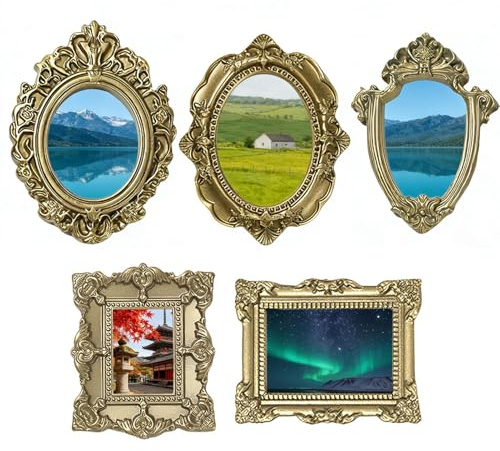 Siuwddee 5 Stück Vintage Bilderrahmen Aus Kunstharz Mini Vintage Rahmen Goldfarben Mini Schmuck Display Rahmens Weihnachts Wand Foto Rahmens Für Fotowand Deko Zuhause Tischdekoration Schmuckdisplay