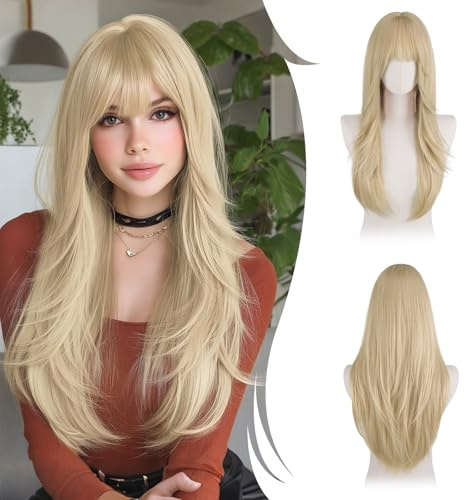 RUWISS Lange Gerade Perücken Blond mit Pony, 65 cm Perücken Damen Geschichtete Synthetische Haar Perücken Frauen für Tägliche Party Cosplay
