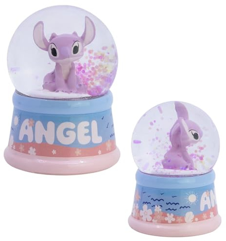 Disney Angel Mini Schneekugel 9 x 7 cm, Lilo & Stitch Glaskugel mit Dekofigur, rosa-Blaue Deko für Kinderzimmer, Sammler & Disney Fans