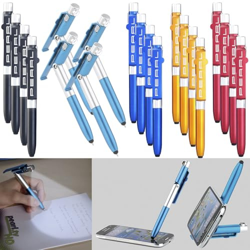 PEARL Kuli mit Licht: 4in1-Kugelschreiber mit LED-Lampe, Touchpen & Handy-Ständer, 20er-Set (Stift, Multifunktions-Kugelschreiber)