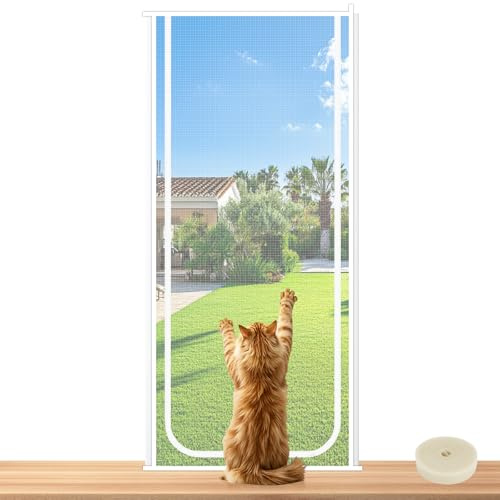 Yeria Cat Screen Door, Mesh Pet Door Screen, Cat Proof, Double Sided Zipper, Scratch Proof, Keep Pets In, Fits Doorways 210x80cm (White, 31.5 x 82.7 in)