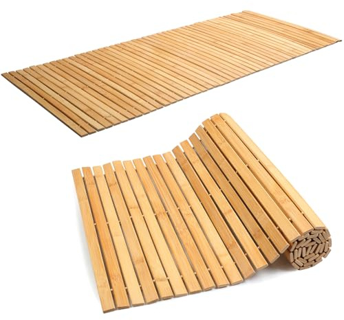 Gemsaya Bambus Badematte 120 x 50 cm, Sauna Badvorleger Duschvorleger Holz | Rollrost Fussmatte aus Bambus, Rutschfester & Pflegeleicht Saunamatte Badematten Duschvorleger
