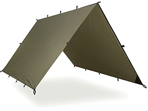 AquaQuest Safari wasserdichte Camping-Plane - Leichter Sonnenschutz oder Regenschutz - Wandern, Rucksackreisen & Hängematte, 4 x 3 m Olivgrün