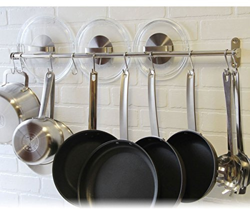 Premium Chefmate Stainless Steel Gourmet Kitchen 31.5 Inch Wall Mount Rail and 10 S Hooks Set Utensil Pot Pan Lid Rack Storage Organizer, Silver