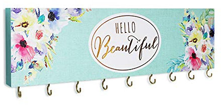 Sany Day Home Schmuck-Organizer zur Wandmontage, moderner Holzhalter mit 9 Metallhaken für Halsketten, Ringe, Ohrringe, Armbänder und Uhren, Design für Damen und Mädchen Hello Beautiful