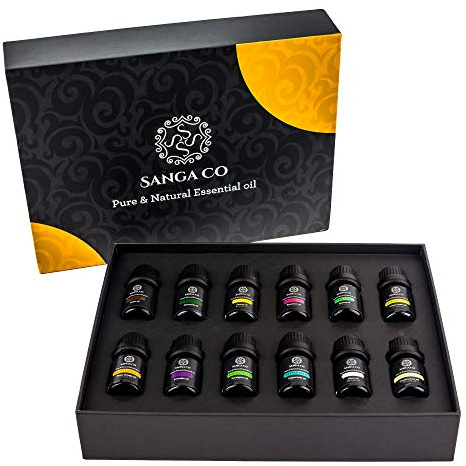 Sanga Co Essentials Oils Kits Aromatherapy Oils (12-Pack) Natural, Therapeutic Stress Relief | Promote Relaxation, Clarity, Sleep | Peppermint, Lemon, Tea Tree, Lavender, Ce