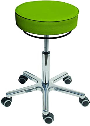 Lotz Drehhocker mit Hartbodenrollen, Sitzhöhe stufenlos 540-720 mm, Sitz Kunstleder grün, Sitzstärke 90 mm, Fußkreuz alupoliert