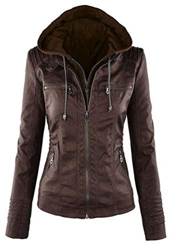LucaSng Donna Giacche Ecopelle Manica Lunga Motociclista Giubbotto Finta Pelle Vintage Cappotti con Cappuccio Tasca, Donna Giacca Pelle Casual Cappuccio Capispalla (caffè, XL)