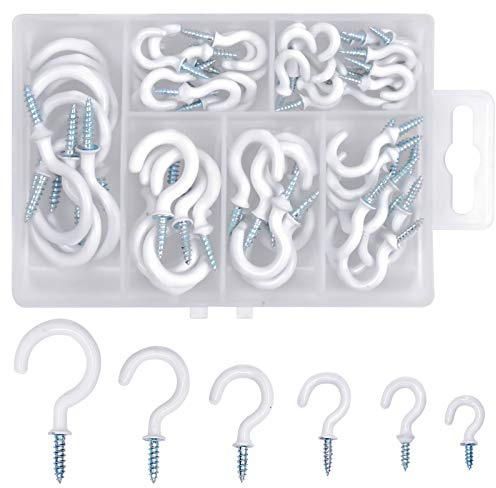 wangjiangda White Screw in Eye Hooks 70pcs Ceiling Hooks Hooks Steel Plastic Coated Ceiling Hooks for Hanging Mug Cup Under Cabinet Shelf Wall