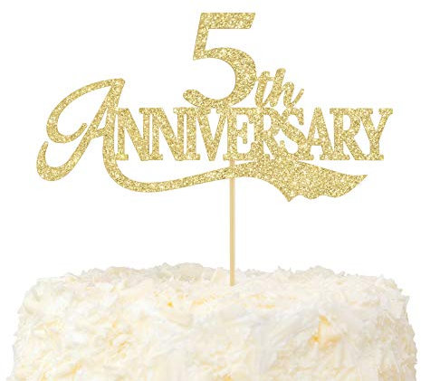 OVENJOY Tortenaufsatz zum 5. Hochzeitstag Gold Glitter Happy 5th Anniversary Tortendeko für 5 Jahrestag Party Cake Dekoration
