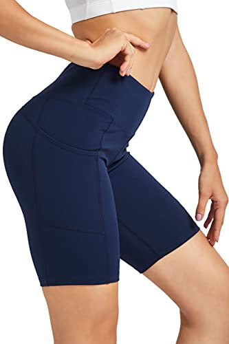 COOLOMG Damen Kurze Laufhose Yoga Shorts mit Taschen Radlerhose Sporthose Gym Fitness Workout Marineblau L