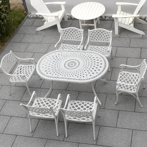 Lazy Susan Ovaler June Gartentisch in Weiß mit 6 Kate Stühlen | Sandgegossenes Aluminium | Wetterfest | Rostfrei | Wartungsarm | 3 Jahre Garantie