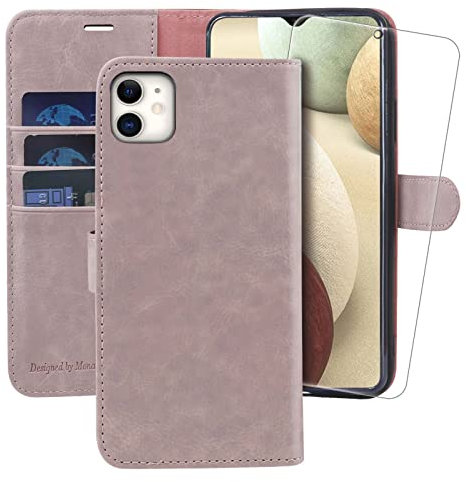 MONASAY Wallet Case for iPhone 12 Pro/iPhone 12 5G,6.1-inch[Glass Screen Protector Included] [RFID Blocking] Flip Folio Leather Cell Phone Cover with Credit Card Holder for iPhone 12/12 Pro, Pinksand