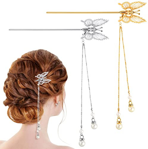 2 Pièces Bâton de Cheveux Chinois en Alliage à Pompon Baguette Cheveux de Perle Papillon Épingle à Cheveux Chignon Vintage Épingle à Cheveux Rétro Long pour Femmes Filles, Or et Argent