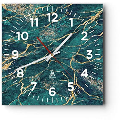 Modern Wanduhr Abstraktion Gold Türkis 40x40cm Quadrat Groß Wand Uhr Glas Analog Zimmeruhren Küche Büro Wohnzimmer Glasuhr Wall Clock Dekoration Design Wanddekoration Küchenuhr C4AC40x40-4564