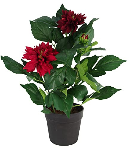 Leaf Design UK Realistic Artificial Flower Plant Tree, Dhalia Red, 50cm