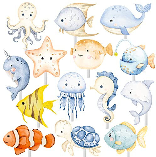 36Pcs Ocean Animal Cupcake Toppers Sea Animals Party Cupcake Sticks Ocean Animal Birthday Cake Picks Sea Theme Party Decorations for Under the Sea Baby Shower Supplies