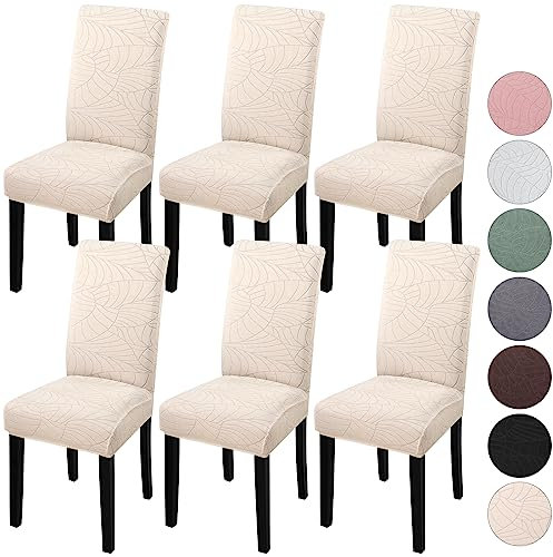 YISUN Stuhlhussen 6er Set Universal Stuhlhusse Stretch Jacquard Blätter Stuhlhussen, Hussen für Stühle Abnehmbarer Waschbarer Stuhlbezüge für Hotel Zeremonie Bankett Haus Hochzeit Party (Cremebeige)