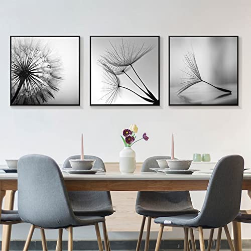 FSLEOVN Schwarz und Weiß Pusteblume Wandbild Print Bilder Druck auf Leinwand Löwenzahn Blume Poster Set 3er Kunstdruck Bild Home Decor Ohne Rahmen (Schwarz Weiß,30x30 cm x 3)