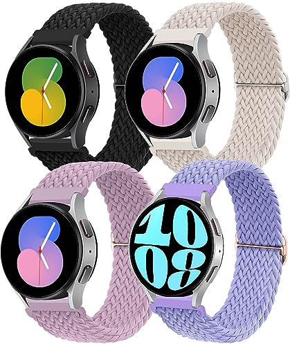 4 Piezas Correa Nylon para Samsung Galaxy Watch 7/6/5/4/FE 40mm 44mm/6 Classic 43mm 47mm/Watch 5 Pro 45mm/4 Classic 42mm 46mm,20mm Tejido Nailon Elástico Correa Deportiva de Repuesto para Mujer Hombre