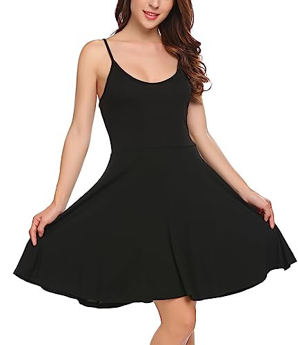 UNibelle Dress Women Summer Floral Dresses Wrap Sundress Adjustable Spaghetti Ruffle Swing Dress Pure Black M