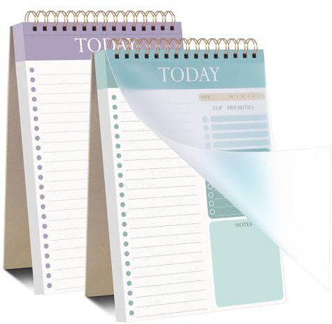 Thboxes 2 Pack A5 To Do List Notepad, Undated Daily Planner, 104 Pages | Spiral Bound, Protective PVC Cover, Easy-tear Pages, Hourly Schedule, Checklist, for Work Study and Personal Oraganizer