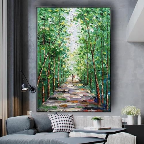 YAJNILUCK Pintura creativa Decoración Gran Bosque Verde Cuadro Árbol Pintura al óleo sobre lienzo Arte de Pared Cuadros Decoración de Pared Decoración Hogar 90x120cm(35x47in) Con Marco
