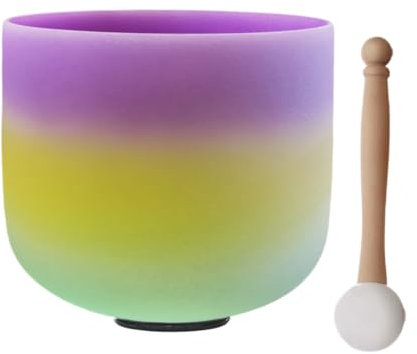 TRAYAYA 8 Inch Rainbow Colored B Note Crown Chakras Frosted Quartz Crystal Singing Bowl For Sound Healing Meditation