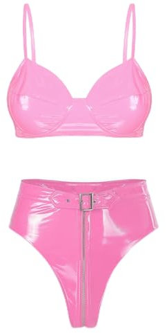 TiaoBug Damen Metallic Bikini Sets Zweiteiliger Badeanzug Bademode Wetlook BH Oberteil und Bikinihose Lack Leder Ouvert Slip mit Reisverschluss Rosa High Waist 4XL