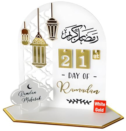 Baketron Ramadan Kalender 2024, Ramadan-Adventskalender aus Holz, traditionelle Dekoration des Eid-Adventskalenders, Ramadan-Kalender für Kinder, Weiß Gold