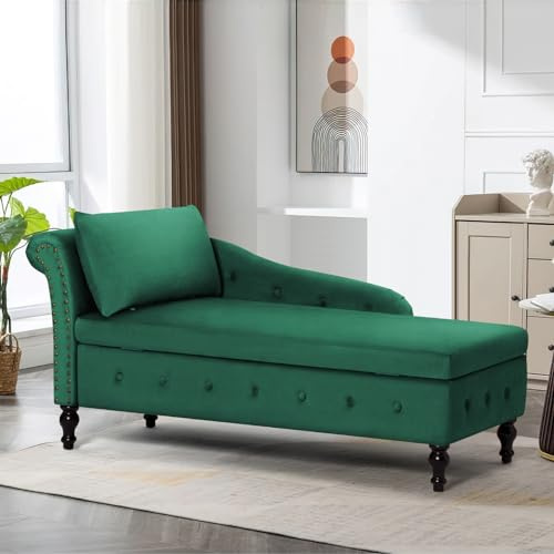 ACMEASE Velvet Chaise Lounge w/Left Armrest & Storage Space, Green