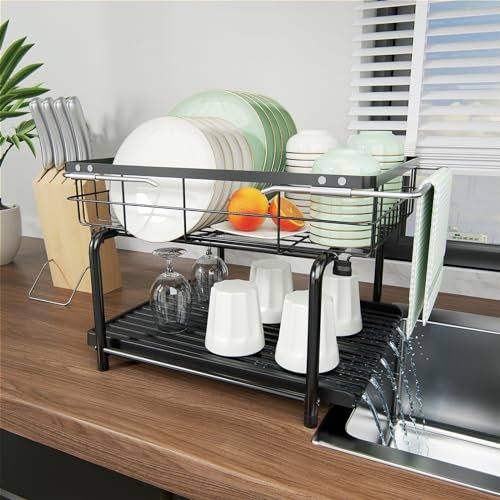 CLESOO Escurreplatos sobre Fregadero Inoxidable de 2 Niveles, Escurridor de Platos con Placa de Drenaje, Escurreplatos de Acero de Capacidad Gran y Extensible para Cocina de Fregadero (Negro)