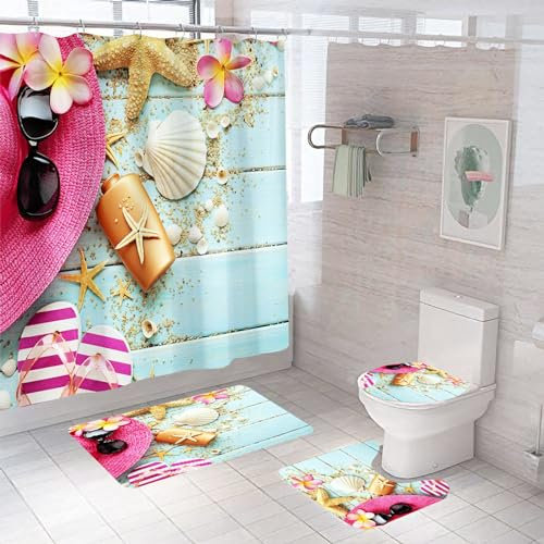 JStnana 4 Piece Summer Beach Shower Curtain Set with Bath Rug, Bath Mat and Toilet Mat Set, Blue Seashell Starfish Seaside Scene Shower Curtain with 12 Hooks for Bathroom Wet Room Decor (Style 8)