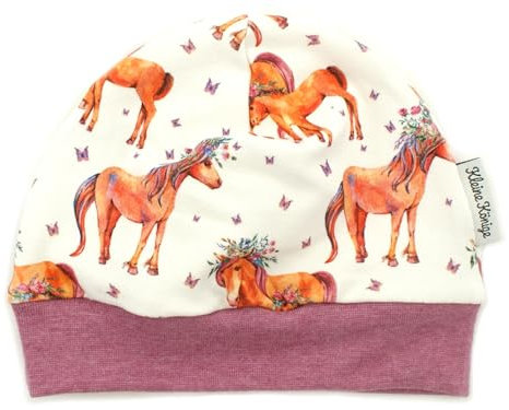 Kleine Könige Mütze Baby Mädchen Beanie · Modell Horses Pferde Ponyhof weiß, Beere Mel · Ökotex 100 Zertifiziert · Größe 86/92