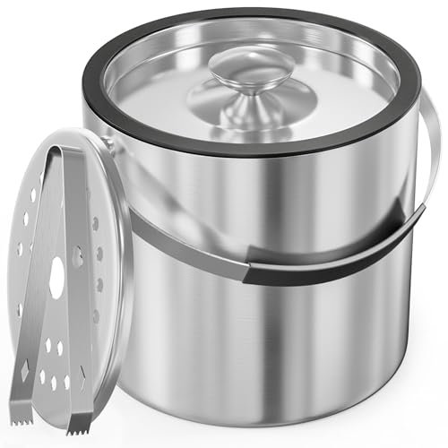 3.2L Modern Insulated Ice Bucket with Silicone Lid, Tongs, Strainer, Double Wall Stainless Steel Ice Bucket for Parties & Cocktail Bar,Ideal for Gift