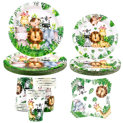 Safari Jungle Birthday Tableware Set - Wild One 1st Birthday Decorations - Dinner Plates Desserts Plates Cups Napkins for Animal Party Supplies, Serves 20 (20)