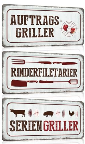 3er Set Grill Schilder 15x30cm - Retro Blechschild mit Spruch Lustig - AUFTRAGS-GRILLER - SERIENGRILLER - RINDERFILETARIER - BBQ Poster Wanddeko Geschenk für Küche Grillplatz Grillecke Garten