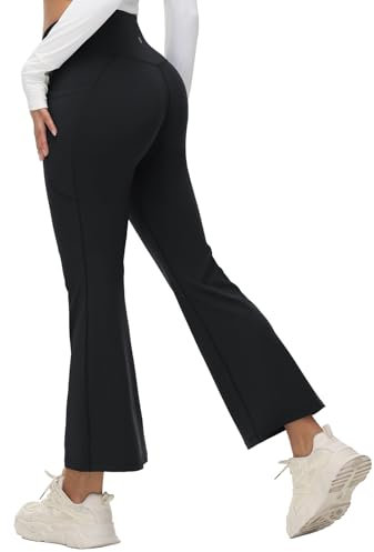 baleaf Damen Yogahose Hohe Taille Schlaghose mit Taschen Bootcut Flared Leggings High Waist Jogginghose Jazzpants Sporthose Schwarz-27'' L