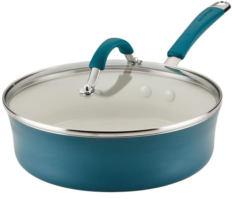 Rachael Ray Cucina Sartén antiadherente de cerámica con tapa, sartén antiadherente de 3 cuartos de galón, apta para lavavajillas, azul marino