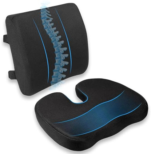 MORPAN Set, Cojín Silla Oficina y Cojín Lumbar Silla Oficina,para Coxis, de Espuma 100% viscoelástica con Correas Ajustables y Fundas Extras de Regalo. Ideal para largas Horas Sentado.
