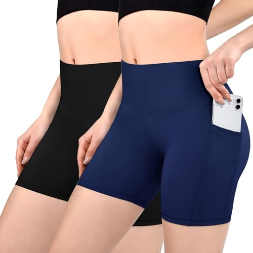 Sanpetix 2 Pack Radlerhose Damen mit Taschen Sporthose | Sporthose Damen Kurz für Gym, Zwei Taschen, Weicher, Dehnbarer Stoff, Ideal zum Radfahren, Laufen und für den Alltag