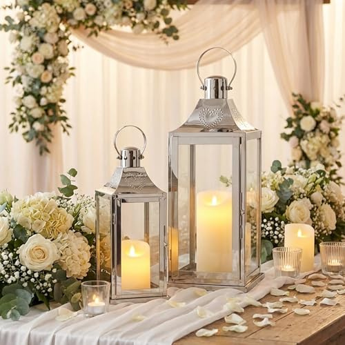 TRIROCKS Set mit 2 Dekorativen Laternen aus Edelstahl, 43&30cm Hoch, Kerzenhalter aus Metall mit Gehärtetem Glas für Zuhause Wohnzimmer Garten Hof Partys Event Indoor Outdoor (Silber)