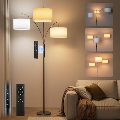 SIBRILLE 36W Bogenlampe Stehlampe Dimmbar mit Weiß Stoffschirm, 3000LM Superhelle Stehlampe mit Fernbedienung & Touch,187cm Stehleuchte für Wohnzimmer Schlafzimmer Büro