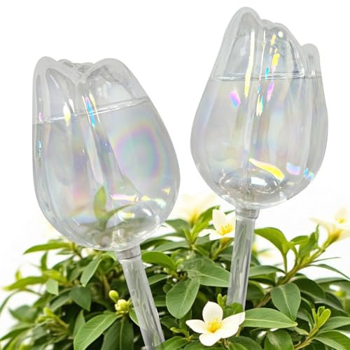SahCognitual Glass Self Watering Globes, Tulips Shape Plant Water Drippers, Self Watering Feeding System, Automatic Irrigation Device for Indoor & Outdoor Plants, 7cm Diameterr, 2 Pcs (Tulips)