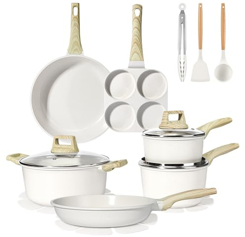 GiPP 17-Teiliges Topf- Und Pfannenset mit Antihaftbeschichtung, Pfannen 24/28 cm, Topf 4,2 L, Kochtöpfe 16/18 cm, 4-Loch Omlettenpfanne, mit Pfannenwender + Löffel, Für Alle Herdarten Geeignet, Weiß