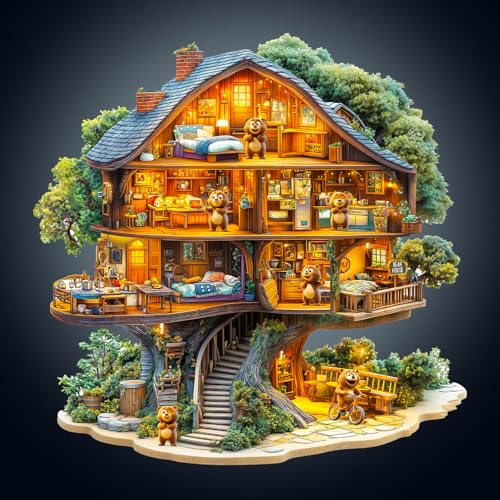 Wooden Puzzles for Adults, 255pcs Bear House Wood Puzzle, Unique Animal Shape Puzzles with Wood Box, 34 * 33.9cm Wooden Puzzle for Family Game and Birthday Gifts for Friend
