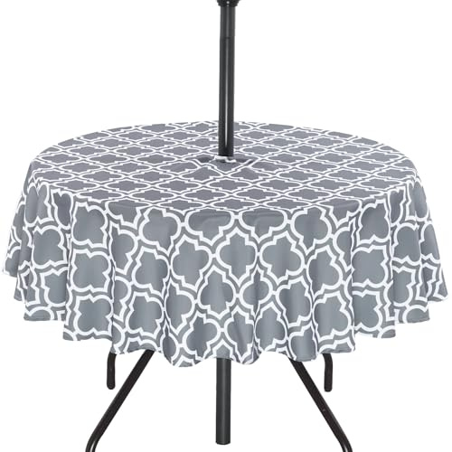 3E Home Grey Outdoor Tablecloth, Table Cloth with Parasol Hole 70 Inches,Round Spillproof Table Covers for Patio, Poolside, Outdoor Gatherings