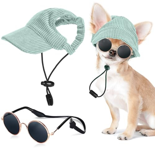 Jadive Hunde Sonnenhut Sonnenbrille mit Ohrlöchern für Katze, Grün, S | Hunde Kleine mit Rutschfestem Silikonband, Verstellbare Baseballmütze für Haustier, Sommer Sonnenschutz, Foto Requisiten
